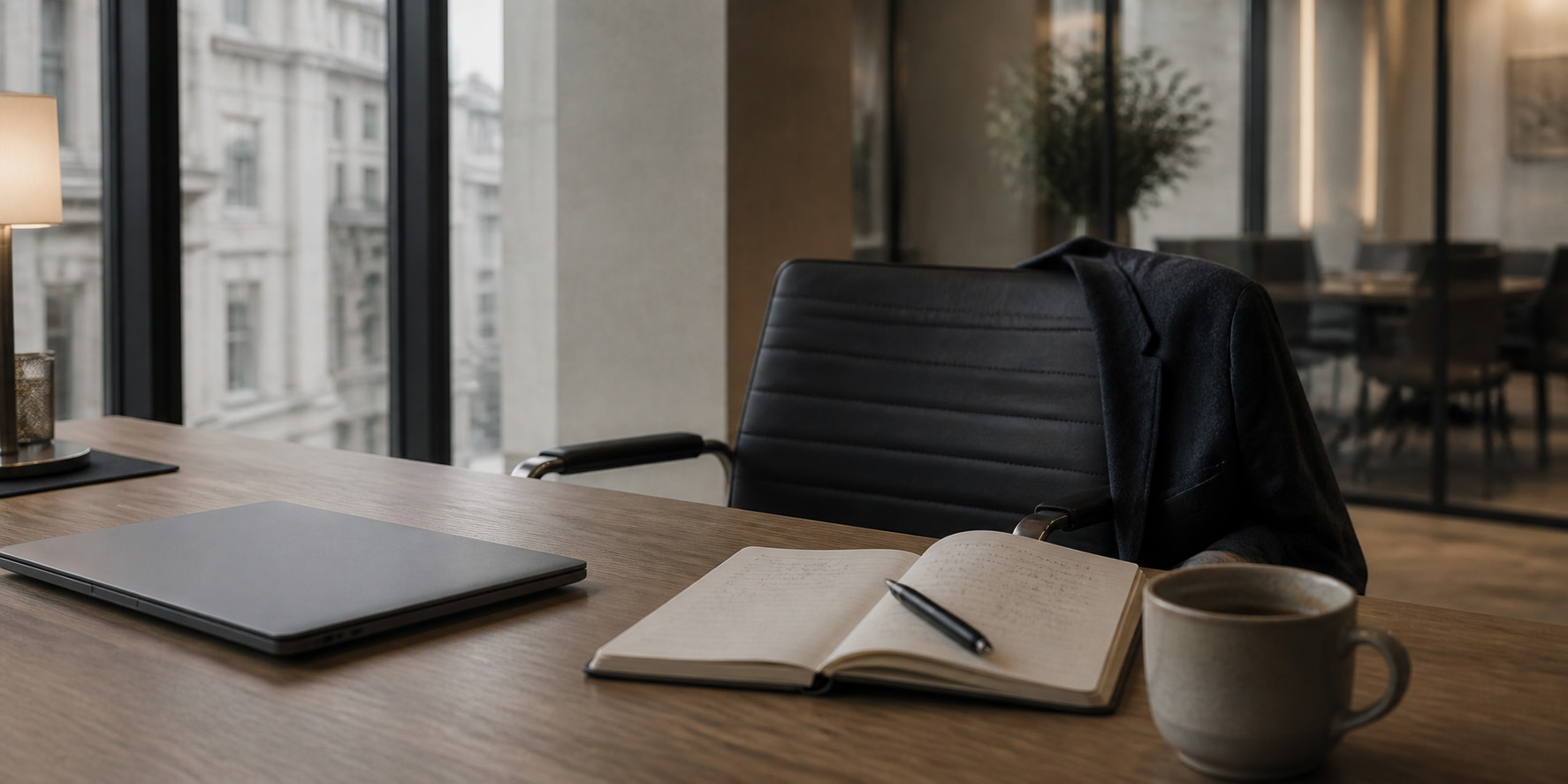 A desk with a notebook and laptop, meeting rooms and a City street beyond
