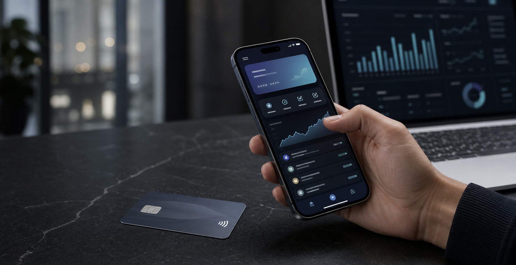 A payments app in use, with an analytics dashboard behind