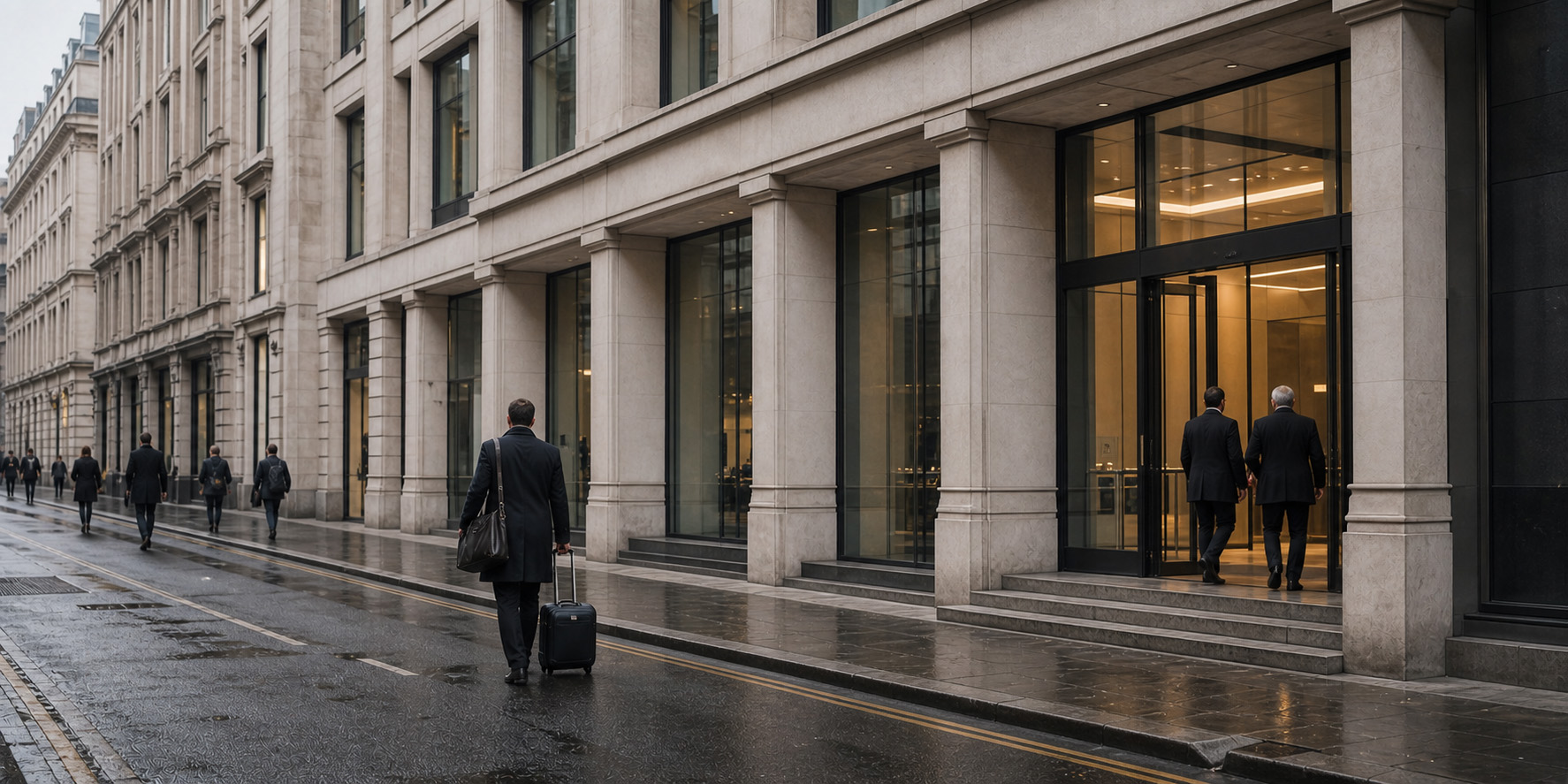 A man with a suitcase on a wet City street, walking towards a lit office entrance