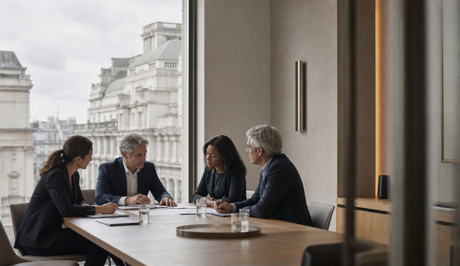 A meeting around a table, with Portland stone fa&ccedil;ades through the window