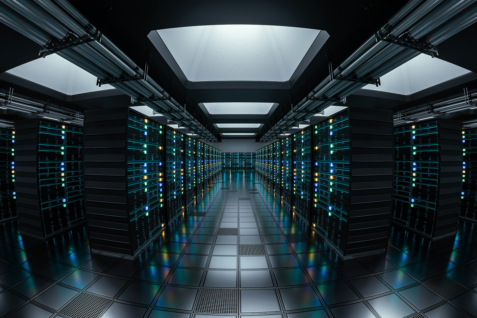 A data centre aisle of server racks