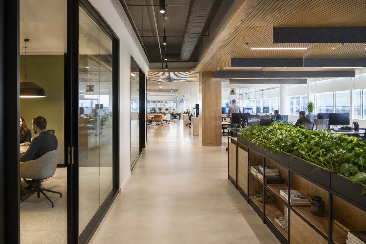 A software company office floor, glass meeting rooms and open desks